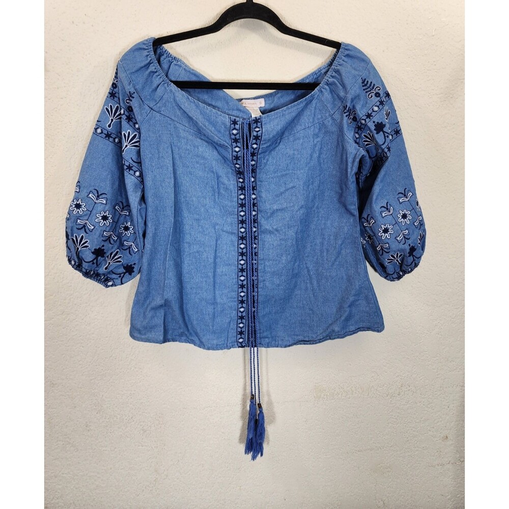 HWA Apparel Top Womens S Blue Chambray Embroidered Off Shoulder Peasant Boho Tie